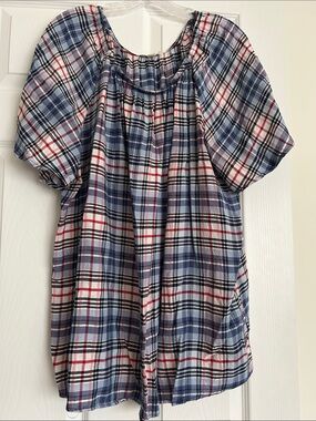 loralette Blue White Red Plaid Puff-Sleeve Peasant Top
